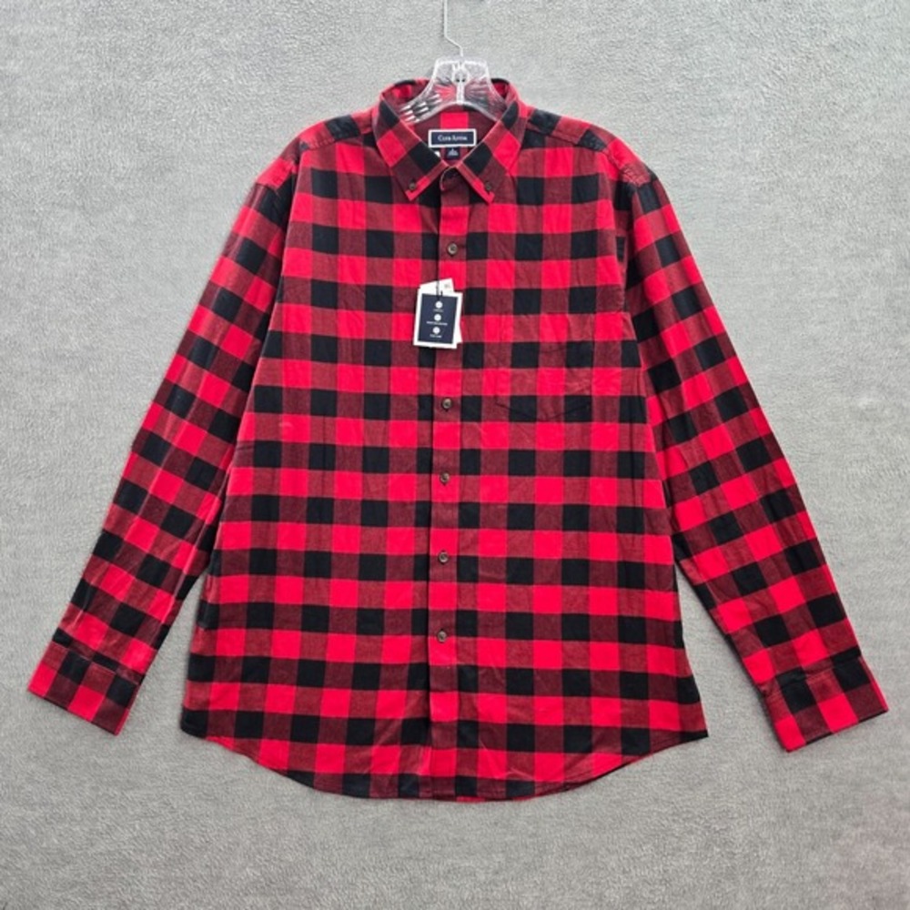 Club Room Men Button Up‎ Shirt Large Red Buffalo Plaid Flannel Collar NWT
